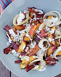 Grilled peach, onion and bacon salad with buttermilk dressing