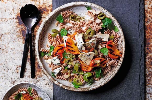 Grilled peach pasta salad
