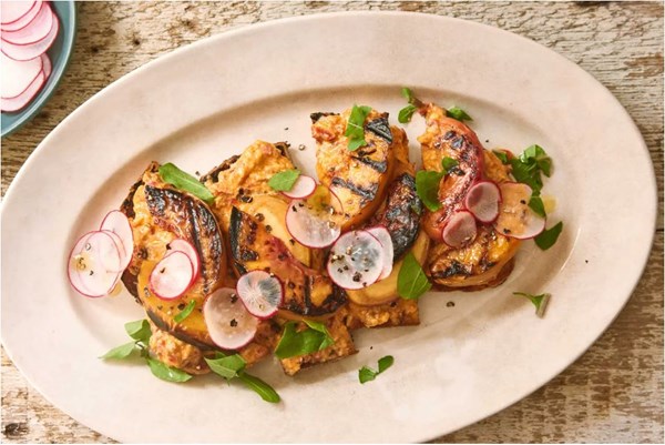 Grilled peach toast with pimiento cheese