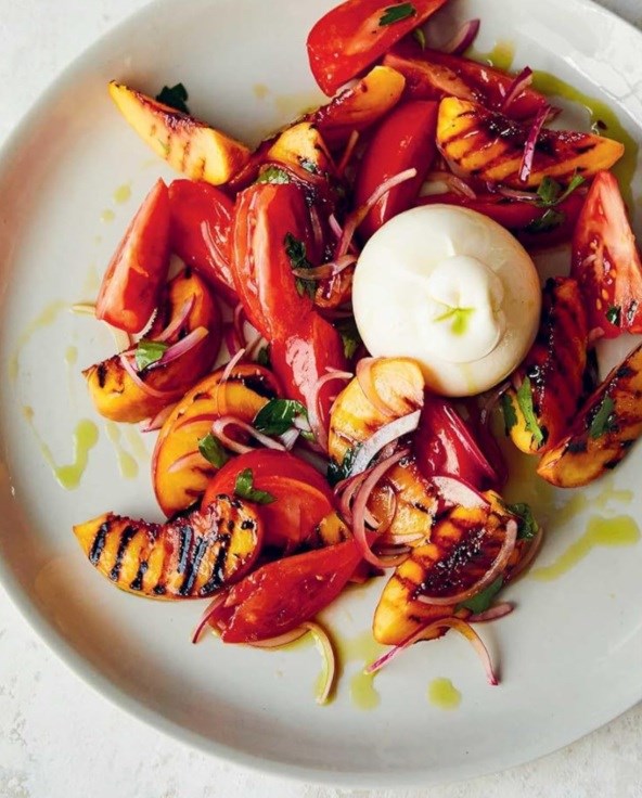 Grilled peach, tomato & burrata salad with basil olive oil