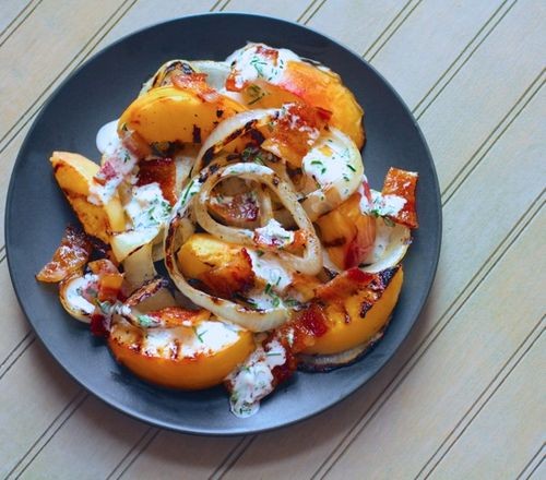 Grilled peach, Vidalia onion and bacon salad with buttermilk dressing