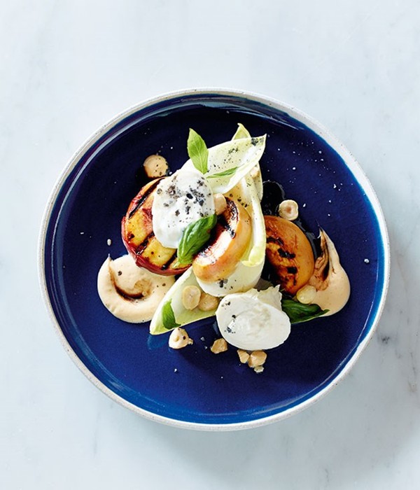 Grilled peach, witlof, burrata, balsamic, hazelnuts