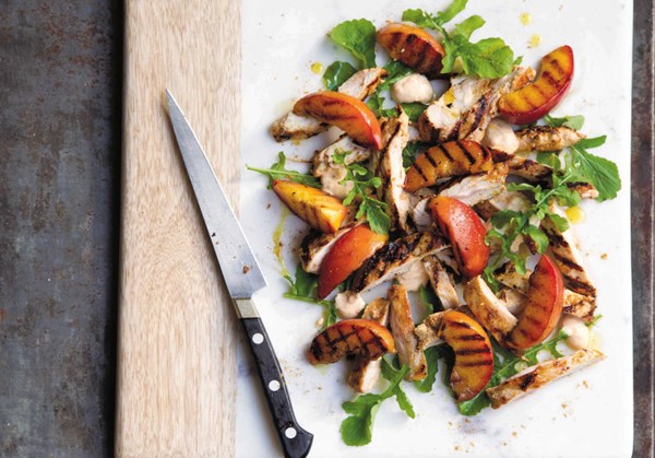 Grilled peaches & chicken with arugula & kasundi