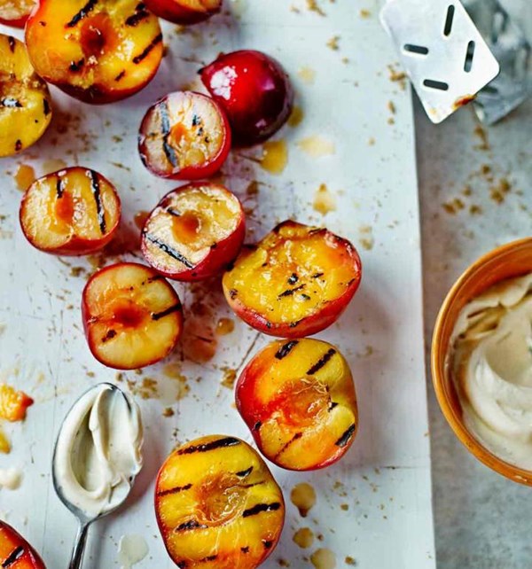 Grilled peaches, apricots and plums with nutmeg mascarpone
