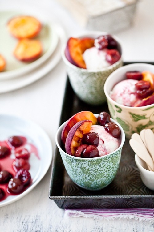 Grilled peaches, poached cherries and vanilla bean ice cream