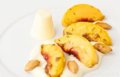 Grilled peaches, white chocolate rabdi and cardamom panna cotta