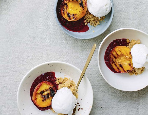 Grilled peaches with almond crumb & raspberry coriander sauce