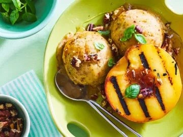 Grilled peaches with basil-peach nice cream