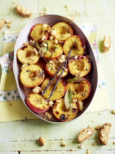 Grilled peaches with brandy & bay leaves