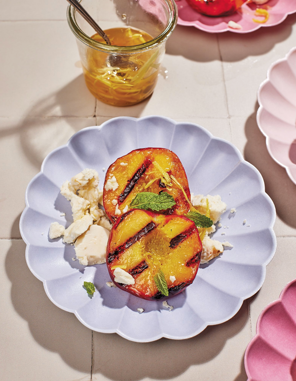 Grilled peaches with feta and ginger honey