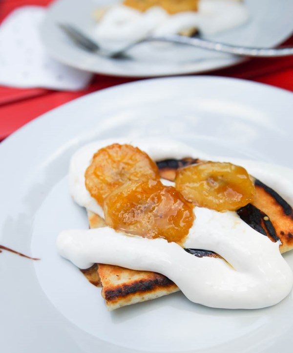 Grilled peanut butter and chocolate quesadillas with caramelized bananas