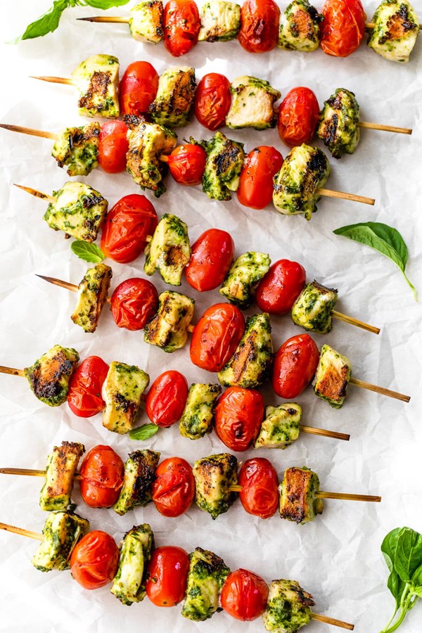 Grilled pesto chicken and tomato kebabs