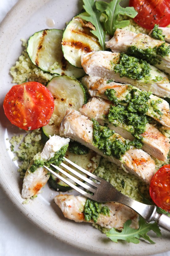 Grilled pesto chicken couscous bowls