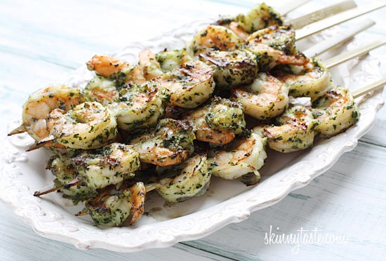 Grilled pesto shrimp skewers