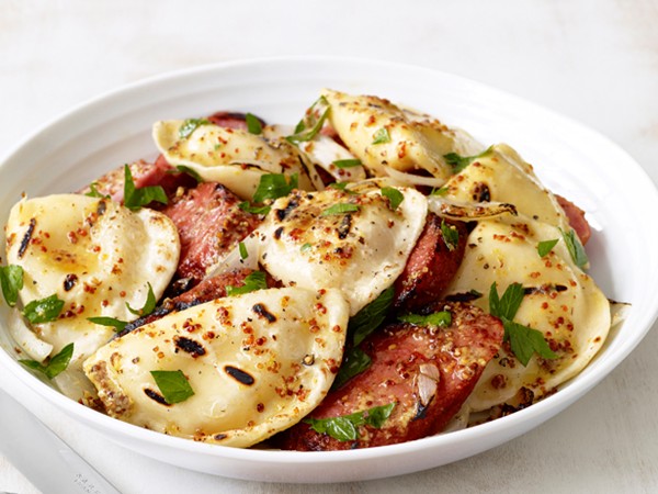 Grilled pierogies and kielbasa