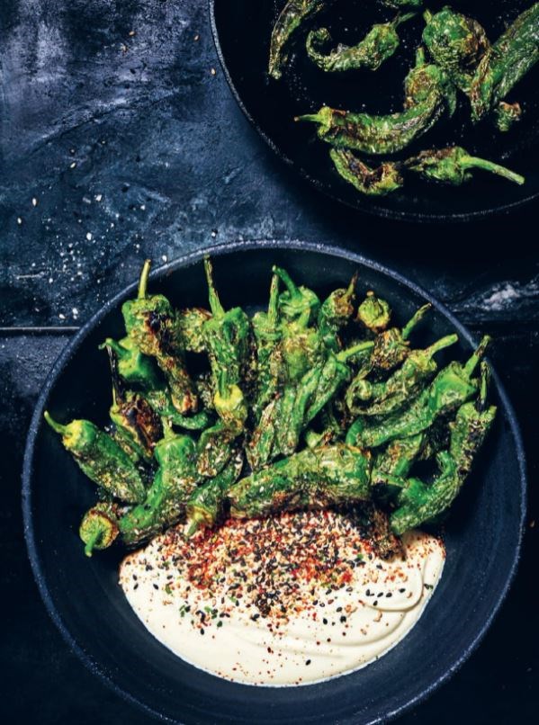 Grilled pimientos de Padrón with crème fraîche and grated kombu