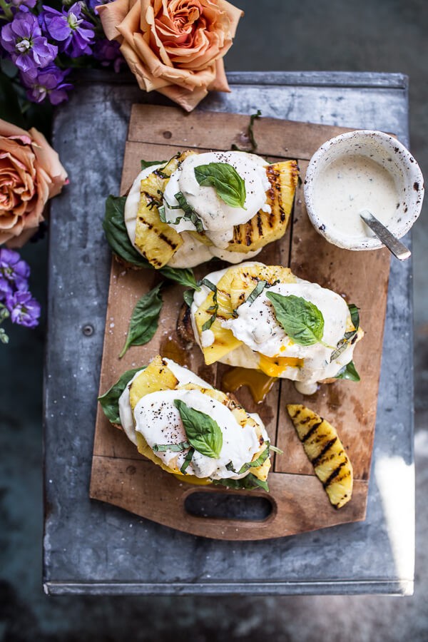 Grilled pineapple Caprese eggs Benedict with coconut-almond Hollandaise