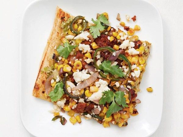 Grilled pizza with chorizo and tomatillo salsa