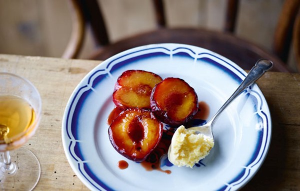 Grilled plums with whiskey and clotted cream
