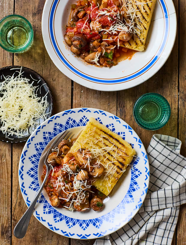 Grilled polenta and saucy mushrooms