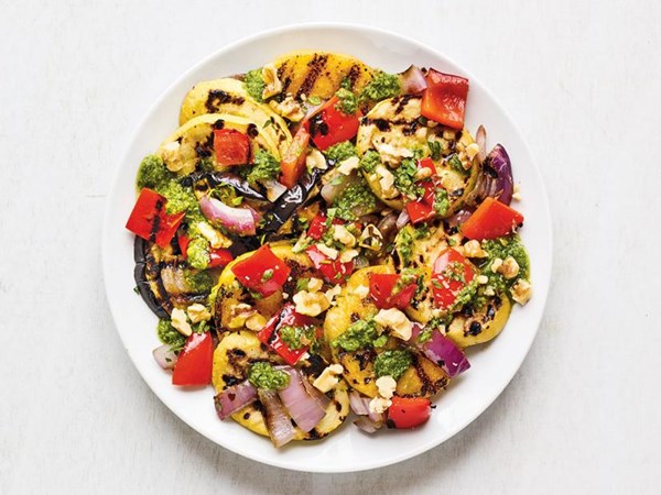 Grilled polenta and vegetables with chimichurri