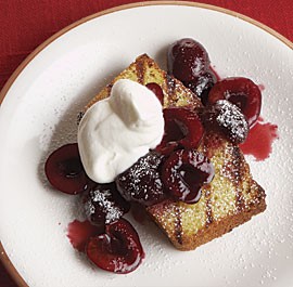 Grilled polenta cake with cherry-cassis sauce