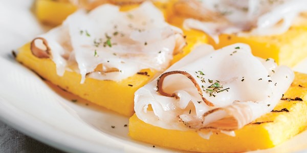 Grilled polenta 'crostini' with lardo