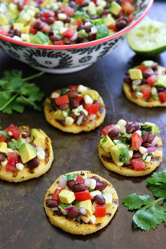Grilled polenta rounds with black bean and avocado salsa
