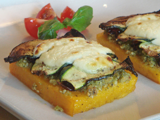 Grilled polenta with almond pesto, dried tomatoes and zucchini
