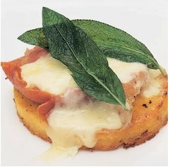 Grilled polenta with ham, cheese and sage