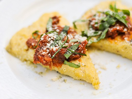 Grilled polenta with marinara, Parmesan, and basil