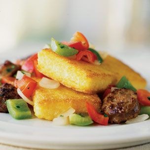 Grilled polenta with sausages and bell peppers