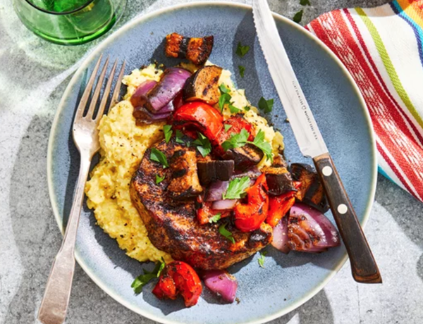 Grilled pork & vegetables with fresh corn polenta