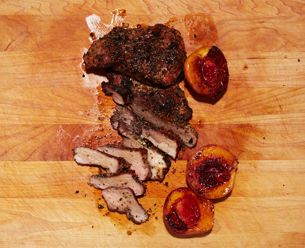 Grilled pork and peaches