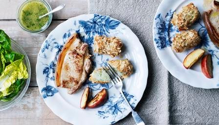 Grilled pork chops with almond croquettes and house salad