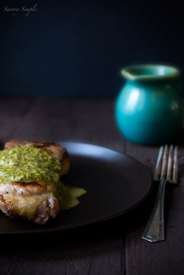 Grilled pork chops with spicy chimichurri sauce