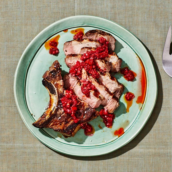 Grilled pork chops with spicy raspberry chimichurri 
