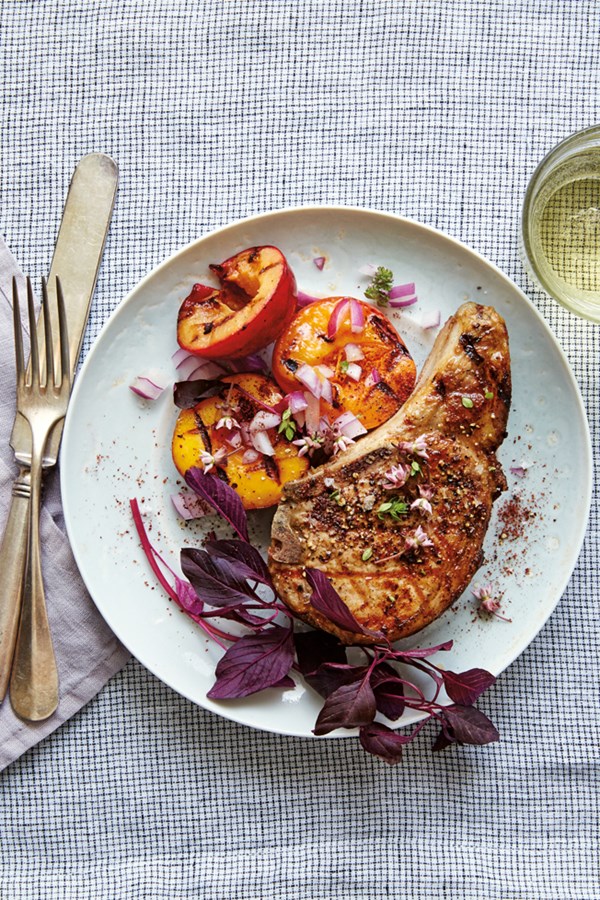 Grilled pork chops with summer plums & thyme