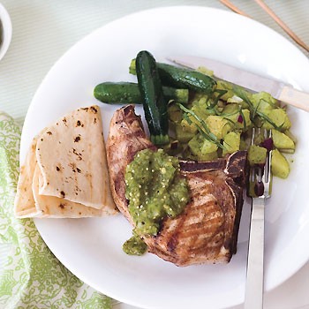 Grilled pork chops with tomatillo salsa