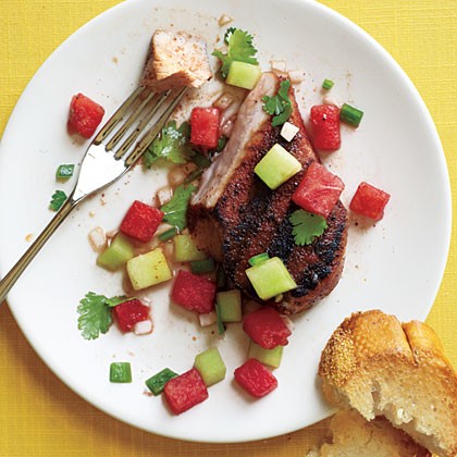 Grilled pork chops with two-melon salsa