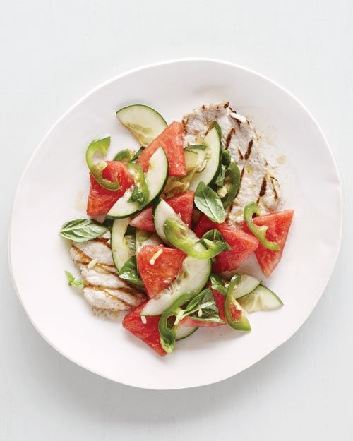 Grilled pork cutlets with watermelon-cucumber salad