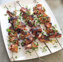 Grilled pork kebabs with sweet Sriracha glaze