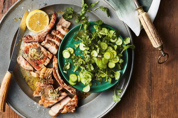 Grilled pork, marjoram butter and watercress salad
