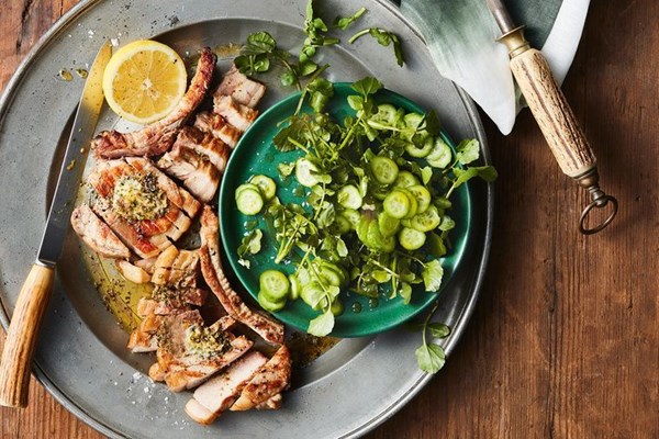 Grilled pork, marjoram butter, qukes and watercress