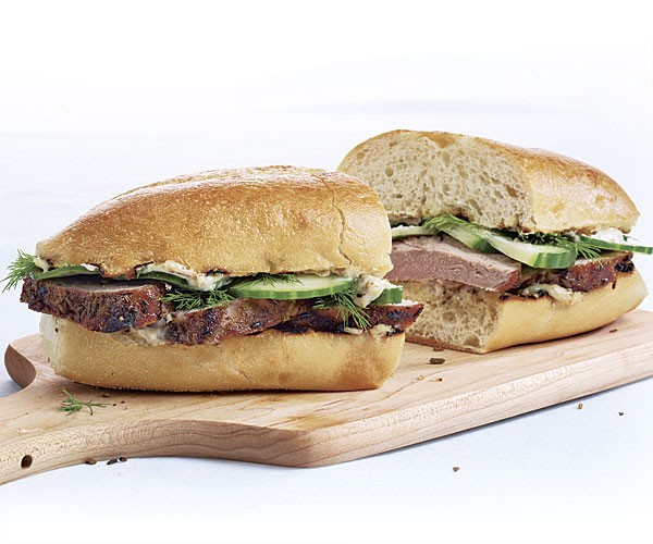 Grilled pork sandwiches with fennel, dill, and cucumber