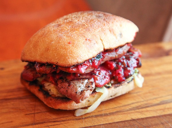 Grilled pork sandwiches with grilled plum chutney and cabbage slaw