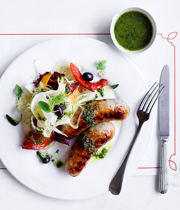Grilled pork sausages with fennel, radicchio and roasted capsicums