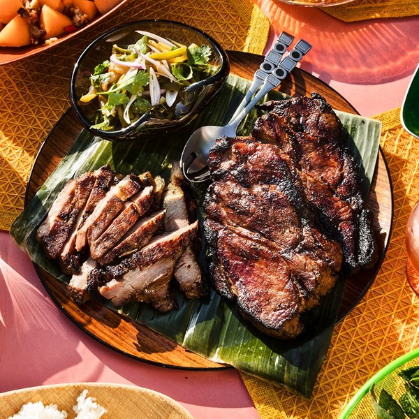 Grilled pork shoulder steaks with green pepper relish