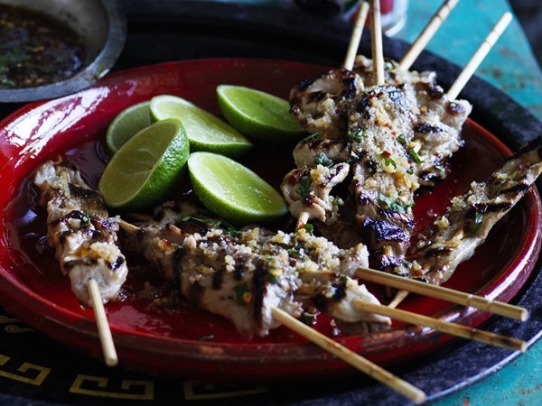 Grilled pork skewers with dipping sauce