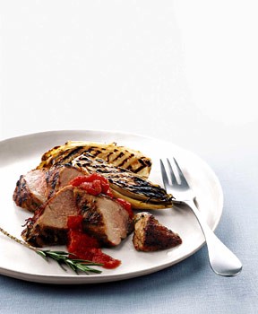 Grilled pork tenderloin and Belgian endive with tomato chile jam